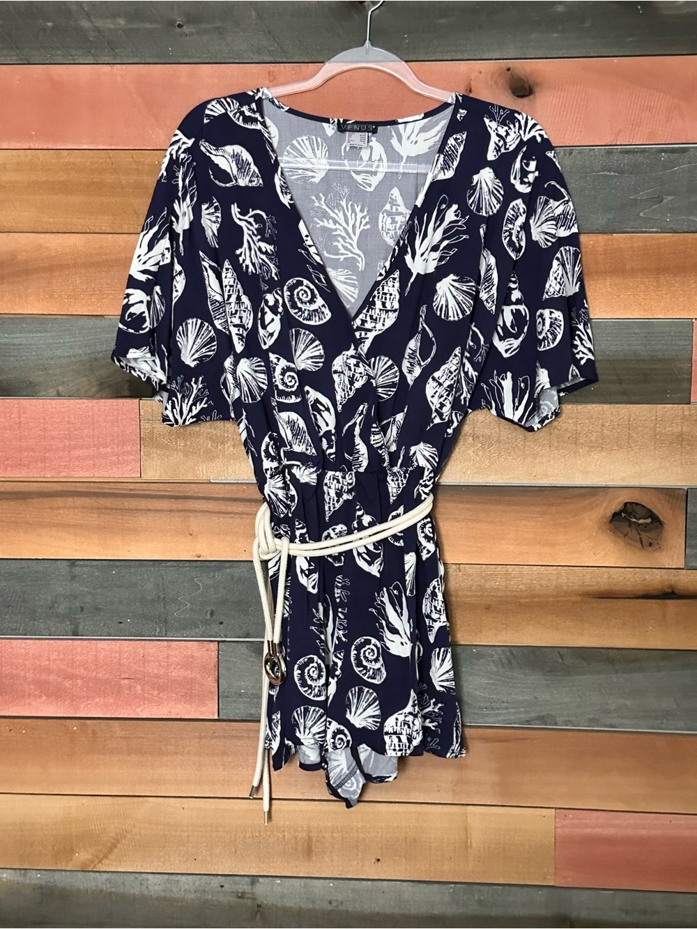 Venus Women's Ocean Romper featuring a navy blue seashell pattern - Picture 3 of 4